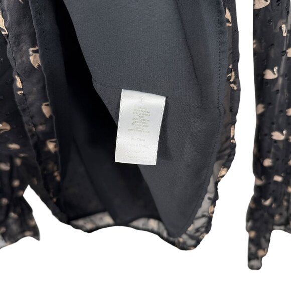 RSVP by Talbots Fancy Swans Print Top Medium Black Tan Dotted Lace Semi Sheer - Picture 8 of 11